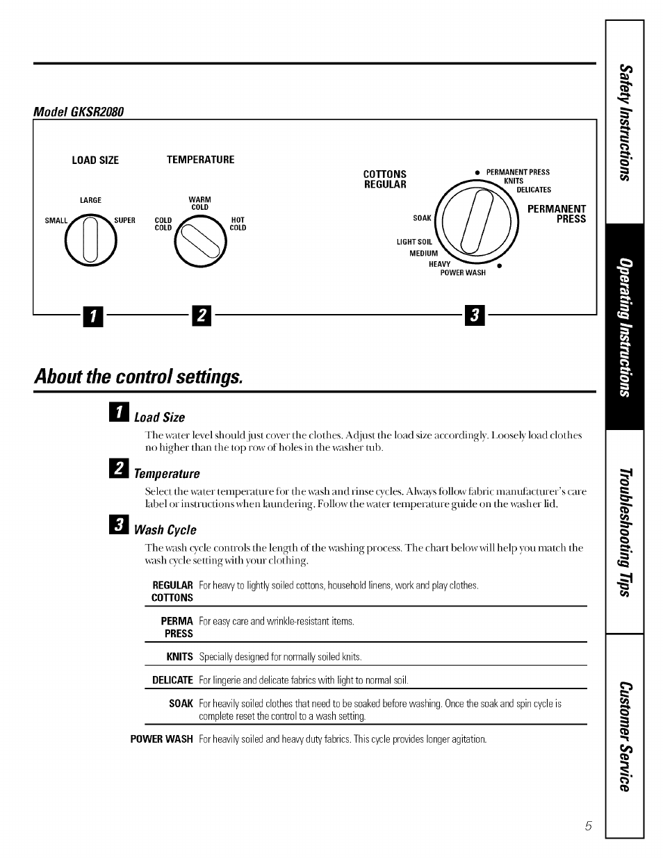 Model gksr2080, Load size, Temperature | I load size, I temperature, I wash cycle, Conons, Press, About the control settings | GE GBXR1070 User Manual | Page 5 / 20