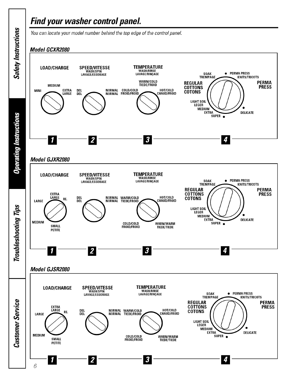 Model gcxr2080, Load/charge, Temperature | Perma press, Model gjxr2080, Model gjsr2080, Find your washer control panel | GE GBXR1070 User Manual | Page 6 / 20