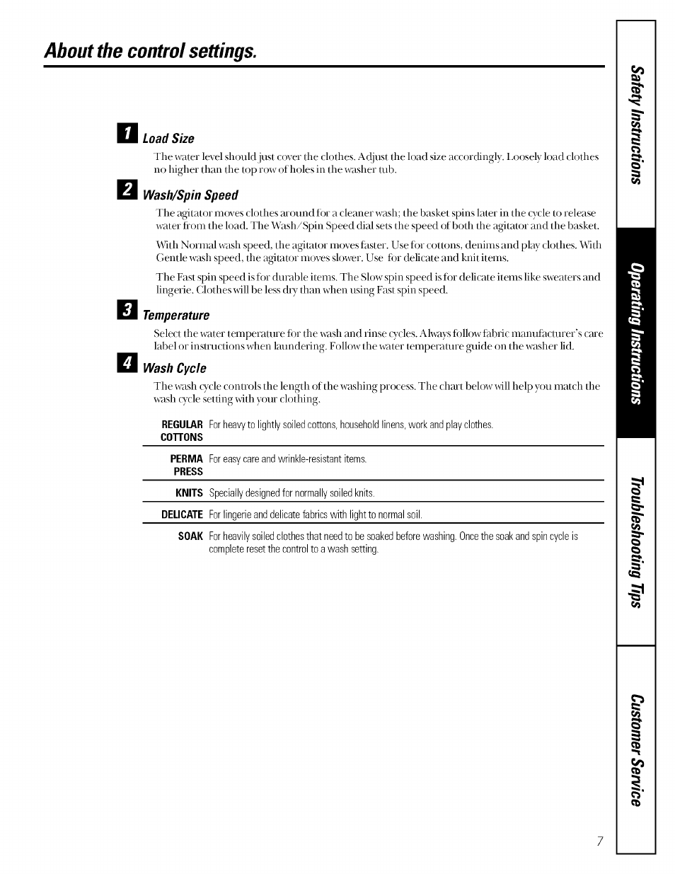 Load size, Wash/spin speed, Temperature | Wash cycle, Conons, Press, About the control settings | GE GBXR1070 User Manual | Page 7 / 20
