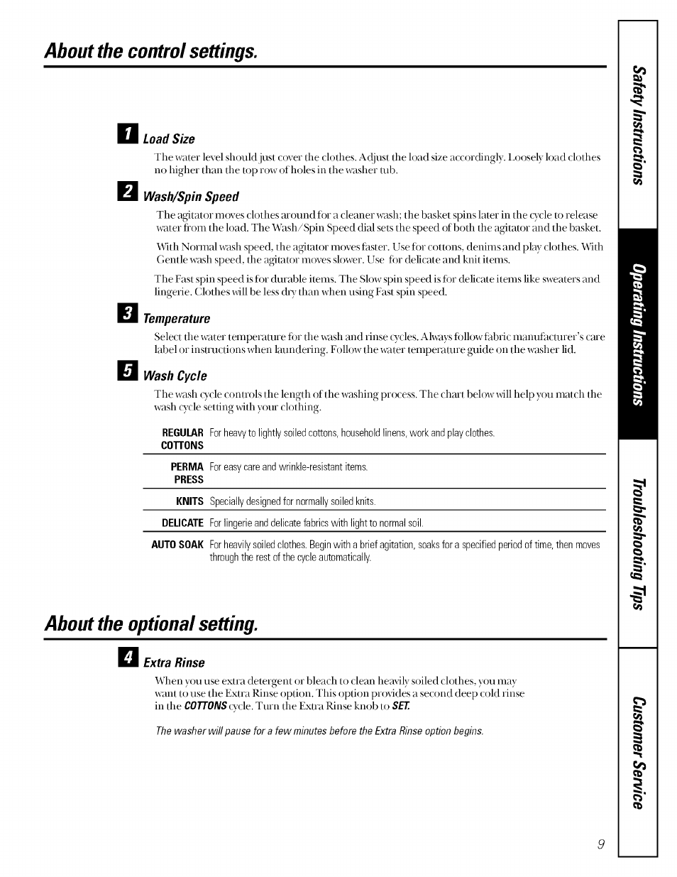 Load size, Wash/spin speed, Temperature | Wash cycle, Cottons, Press, Extra rinse, About the control settings, About the optional setting | GE GBXR1070 User Manual | Page 9 / 20