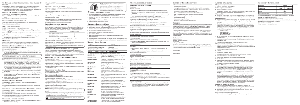 Accessory information, General product care, Display and caller id messages | Troubleshooting guide, Causes of poor reception, Service, Limited warranty, Dialing a stored number, Inserting a pause in the dialing sequence, Reviewing and deleting stored numbers | GE 00004236 User Manual | Page 2 / 4