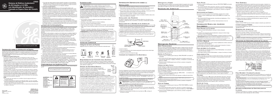 Opciones de identificador de llamada, Montaje del teléfono, Información importante sobre la instalación | Introducción, Antes de comenzar, Diagrama del auricular, Información básica del teléfono inalámbrico, Tono temporal, Pasa salir, Conmutador de timbre | GE 00004236 User Manual | Page 3 / 4