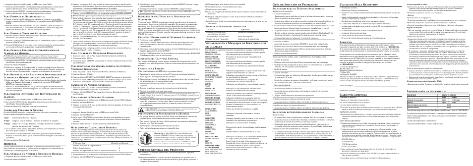 Cuidado general del producto, Guía de solución de problemas, Causas de mala recepción | Servicio, Garantía limitada, Información de accesorios, Para guardar un número de remarcación, Cambio de un número guardado, Para marcar un número guardado, Para eliminar el registro actual | GE 00004236 User Manual | Page 4 / 4