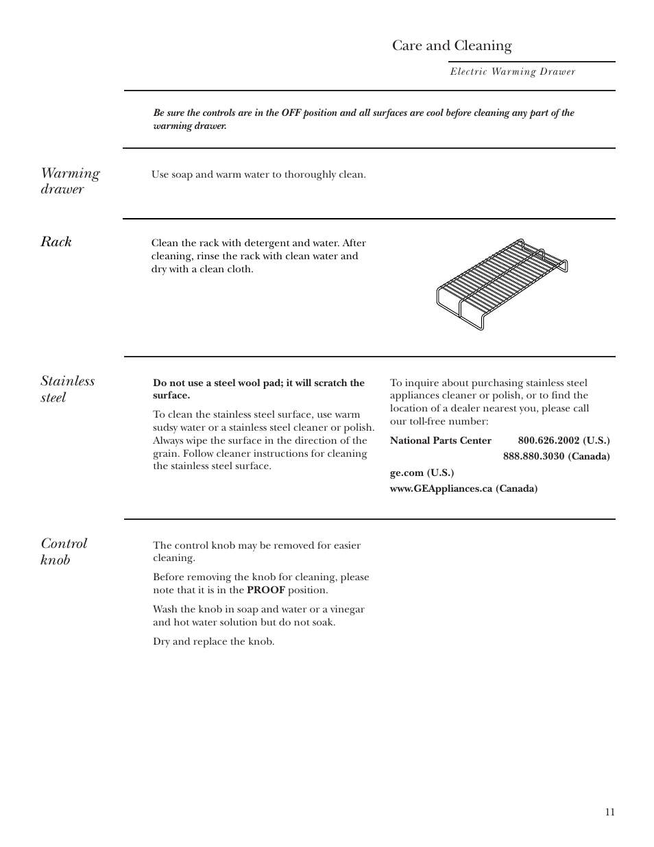 Warming drawer, Rack, Stainless steel | Control knob, Warming drawer rack stainless steel control knob, Care and cleaning | GE ZKD910 User Manual | Page 11 / 16