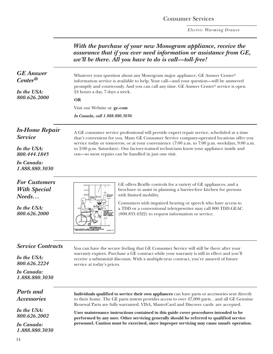 Important phone numbers, Consumer services, In-home repair service | Service contracts, Parts and accessories, For customers with special needs | GE ZKD910 User Manual | Page 14 / 16