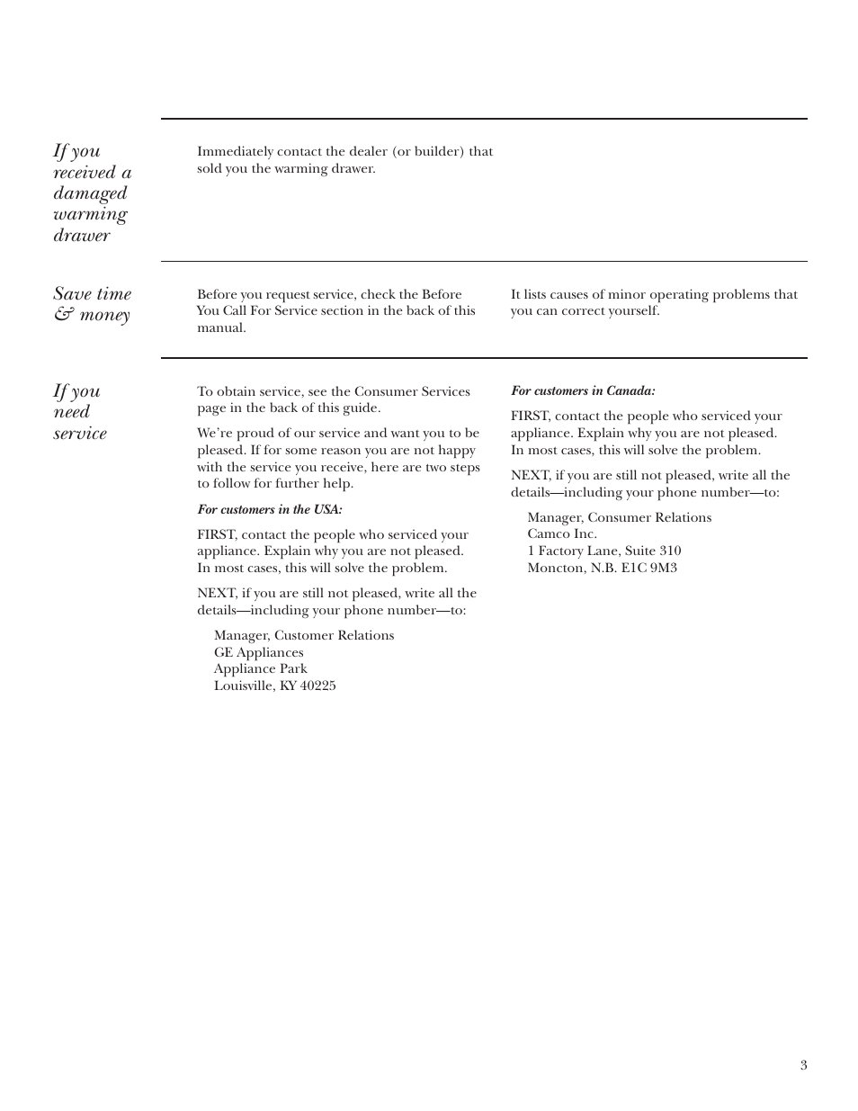 If you received a damaged warming drawer, Save time & money, If you need service | GE ZKD910 User Manual | Page 3 / 16