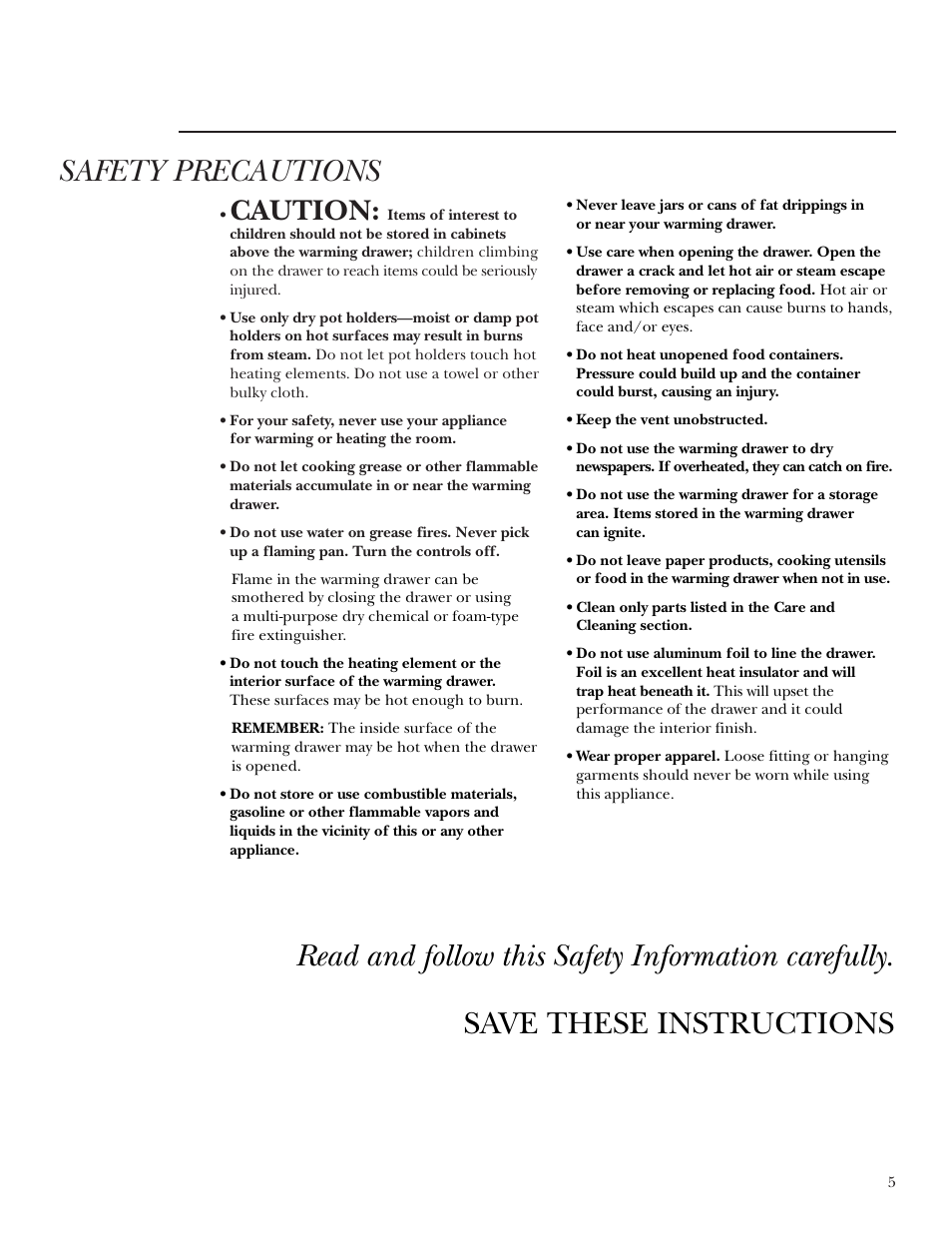 Safety precautions, Caution | GE ZKD910 User Manual | Page 5 / 16