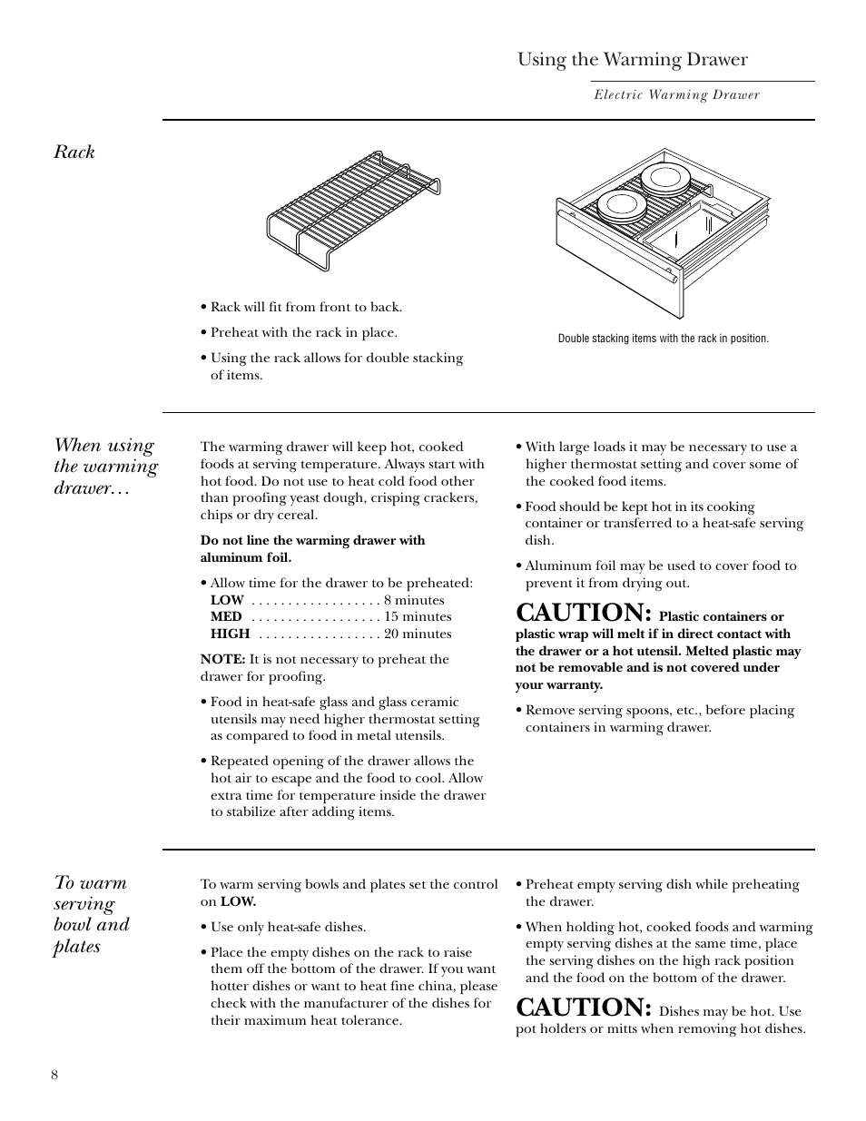 Rack, Caution, Using the warming drawer | When using the warming drawer | GE ZKD910 User Manual | Page 8 / 16