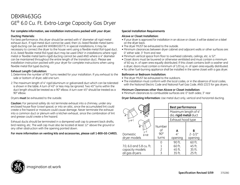 Dbxr463gg, 0 cu. ft. extra-large capacity gas dryer | GE DBXR463G User Manual | Page 2 / 3