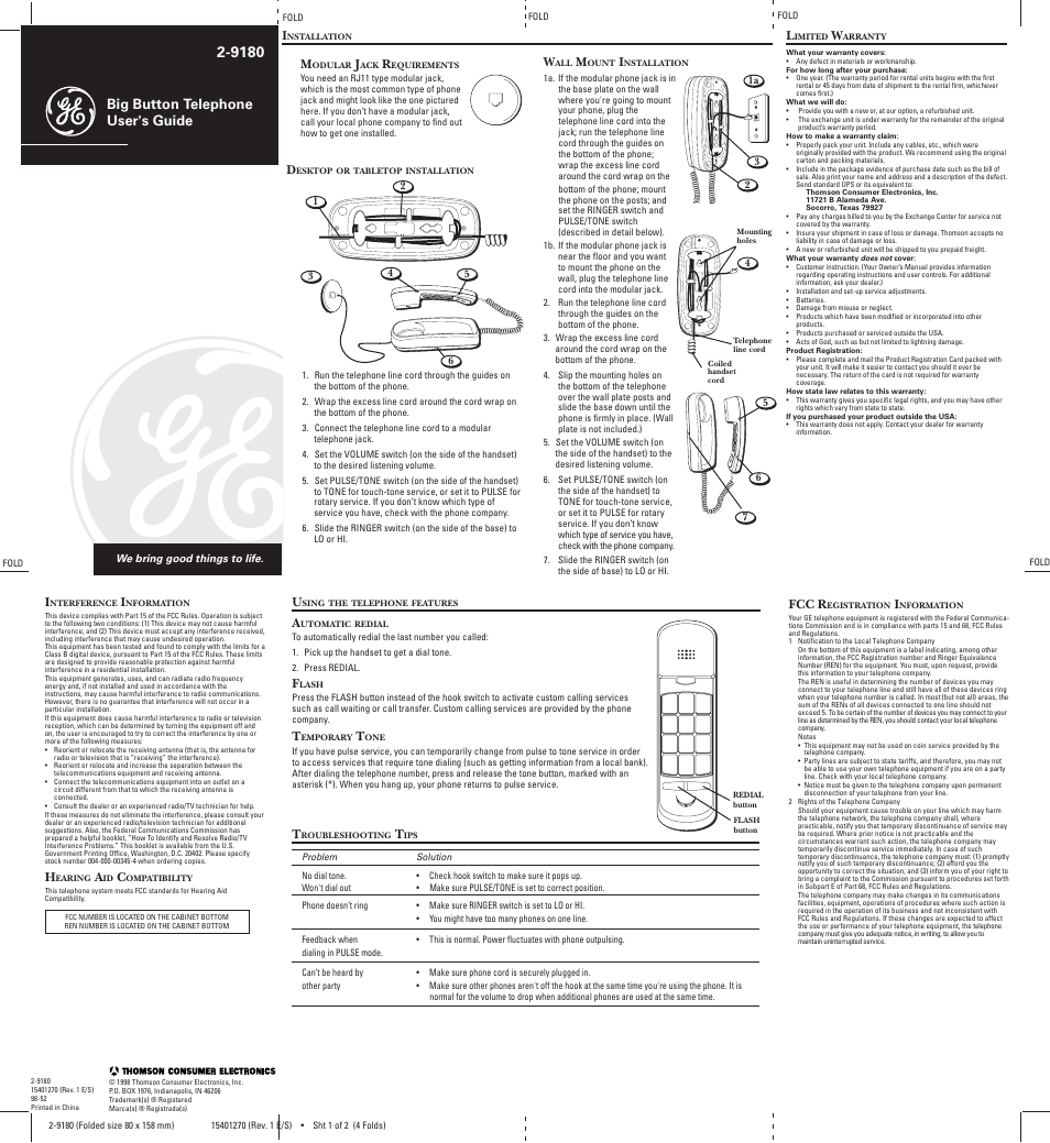 GE 2-9180 User Manual | 2 pages