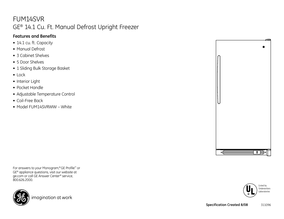 Fum14svr, 1 cu. ft. manual defrost upright freezer | GE FUM14SVR User Manual | Page 2 / 2