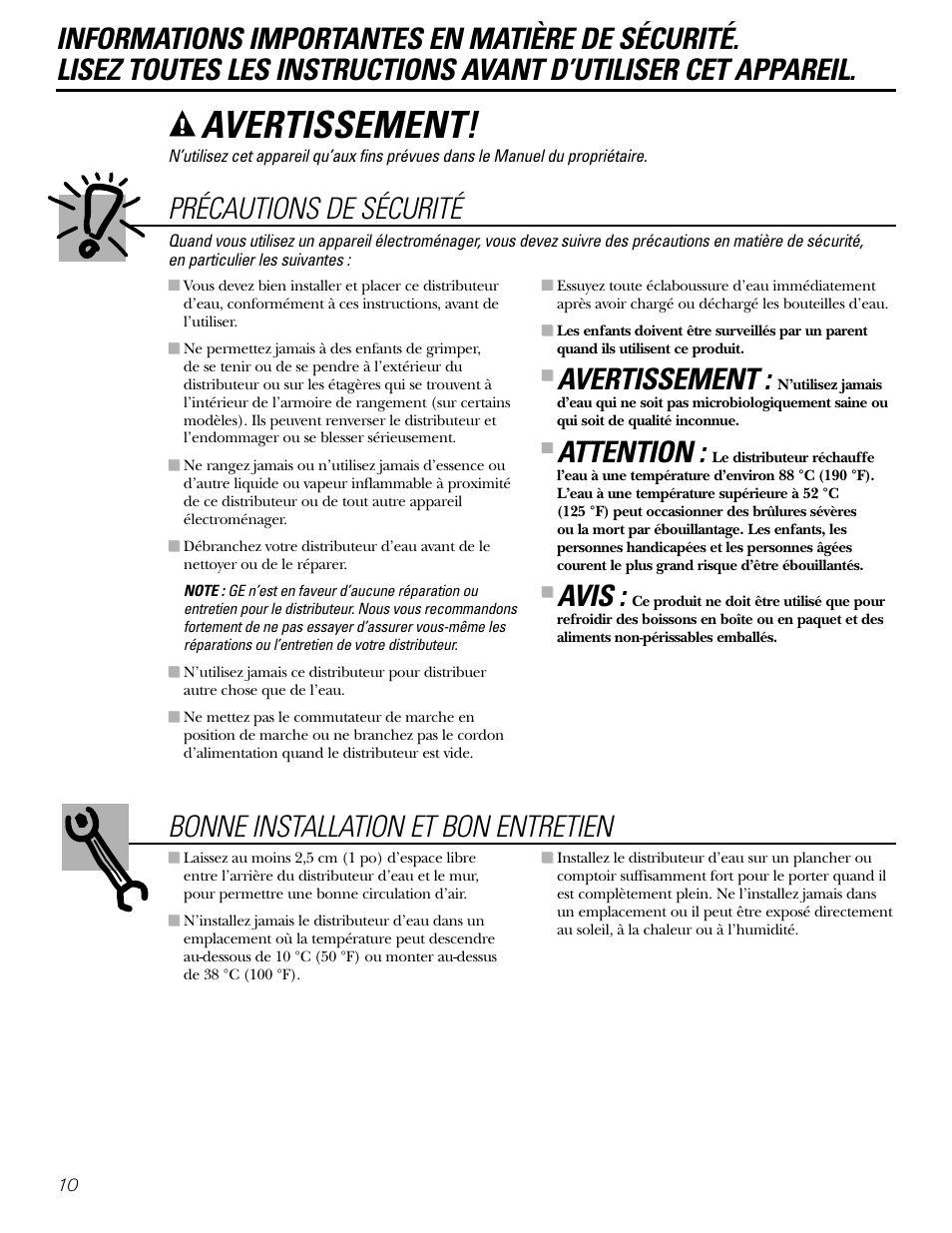 Informations en matière de sécurité, Avertissement, Précautions de sécurité | Attention, Avis | GE GXCF20E User Manual | Page 10 / 28