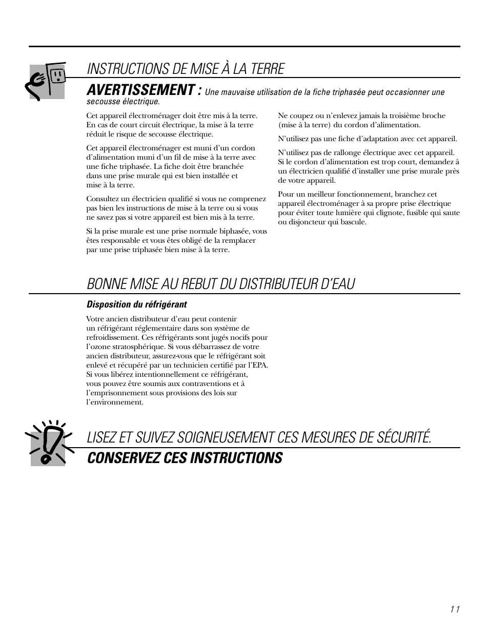 Instructions de mise à la terre, Avertissement, Bonne mise au rebut du distributeur d’eau | GE GXCF20E User Manual | Page 11 / 28