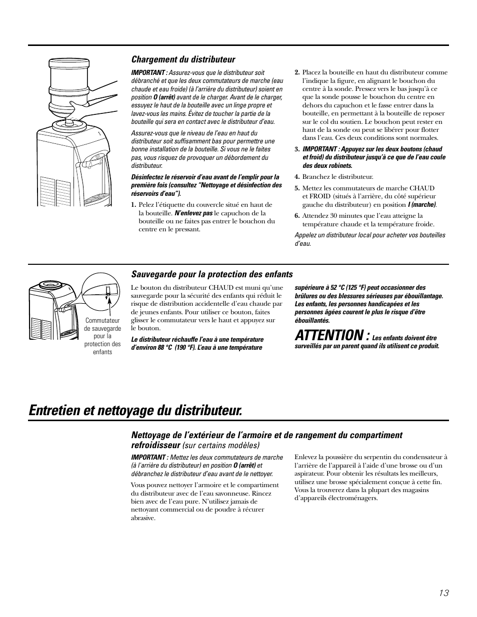 Chargement du distributeur, Sauvegarde pour la protection des enfants, Entretien et nettoyage | Attention, Entretien et nettoyage du distributeur | GE GXCF20E User Manual | Page 13 / 28