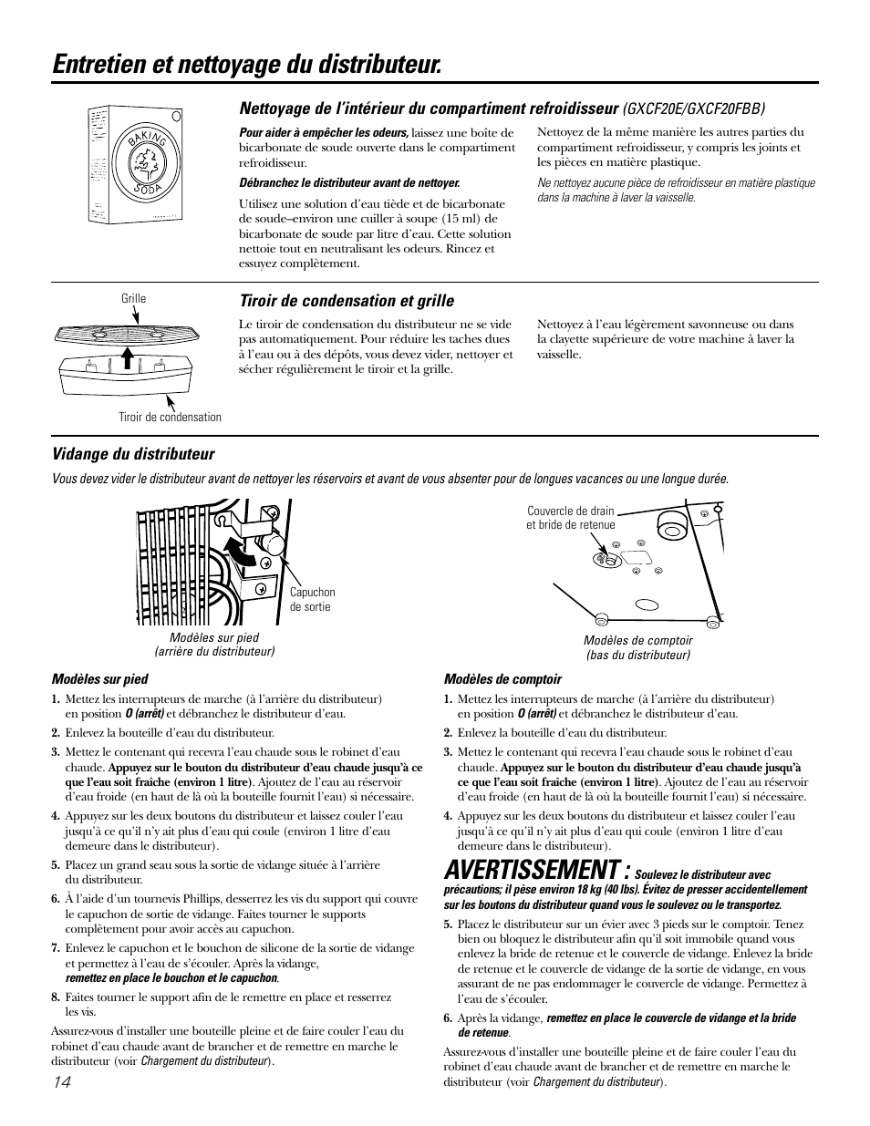 Avertissement, Entretien et nettoyage du distributeur | GE GXCF20E User Manual | Page 14 / 28