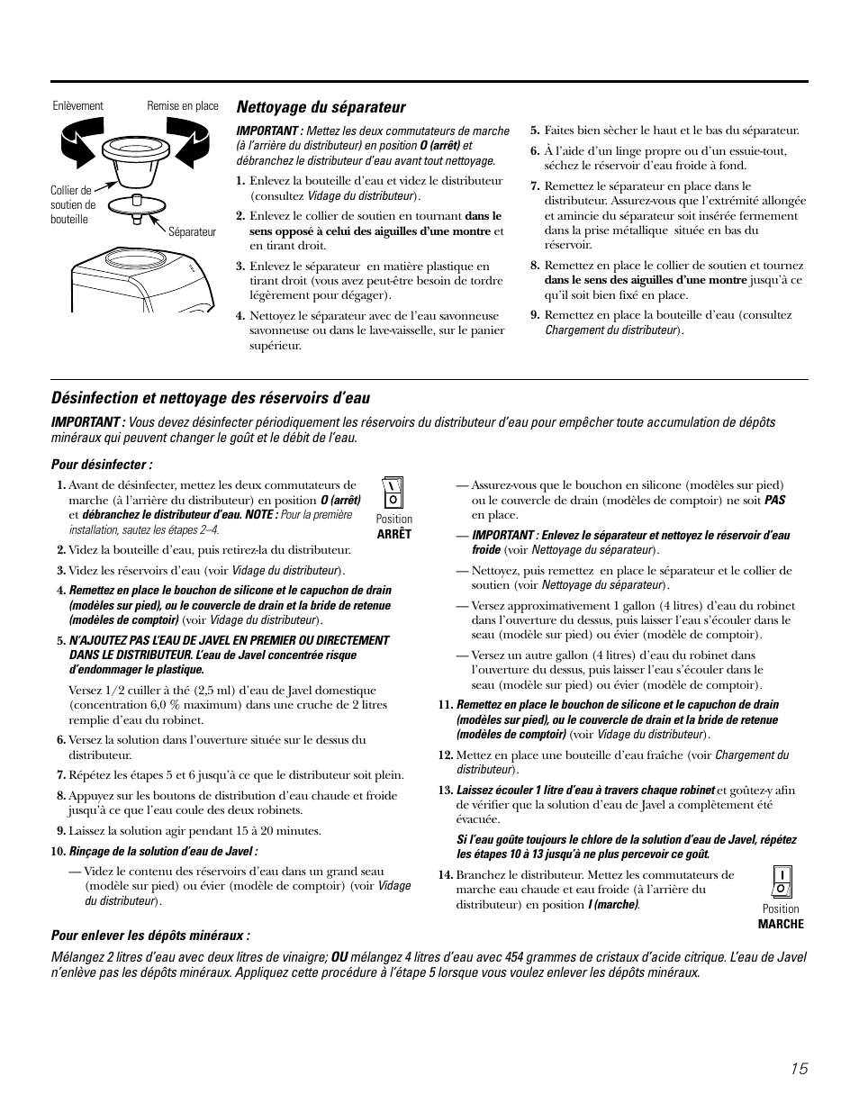 Nettoyage du séparateur 15, Désinfection et nettoyage des réservoirs d’eau | GE GXCF20E User Manual | Page 15 / 28