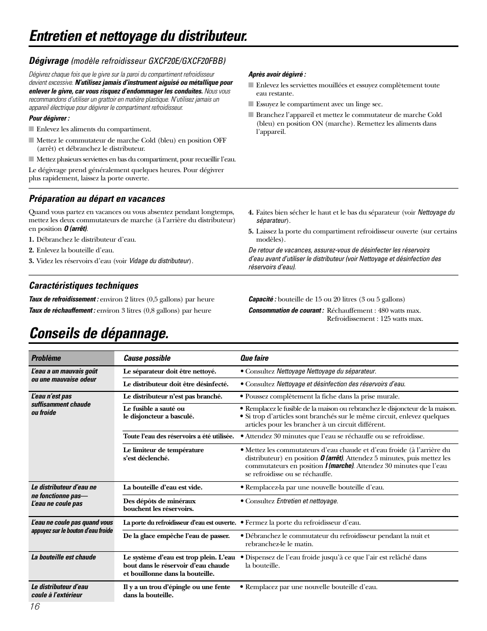 Caractéristiques techniques, Conseils de dépannage, Entretien et nettoyage du distributeur | GE GXCF20E User Manual | Page 16 / 28