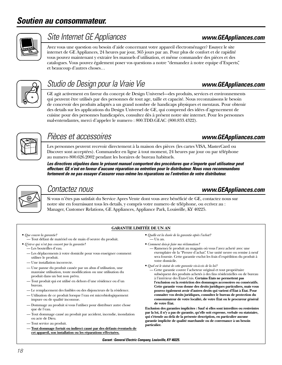 Garantie, Soutien du consommateur, Garantie soutien du consommateur | Site internet ge appliances, Studio de design pour la vraie vie, Pièces et accessoires, Contactez nous, Soutien au consommateur | GE GXCF20E User Manual | Page 18 / 28