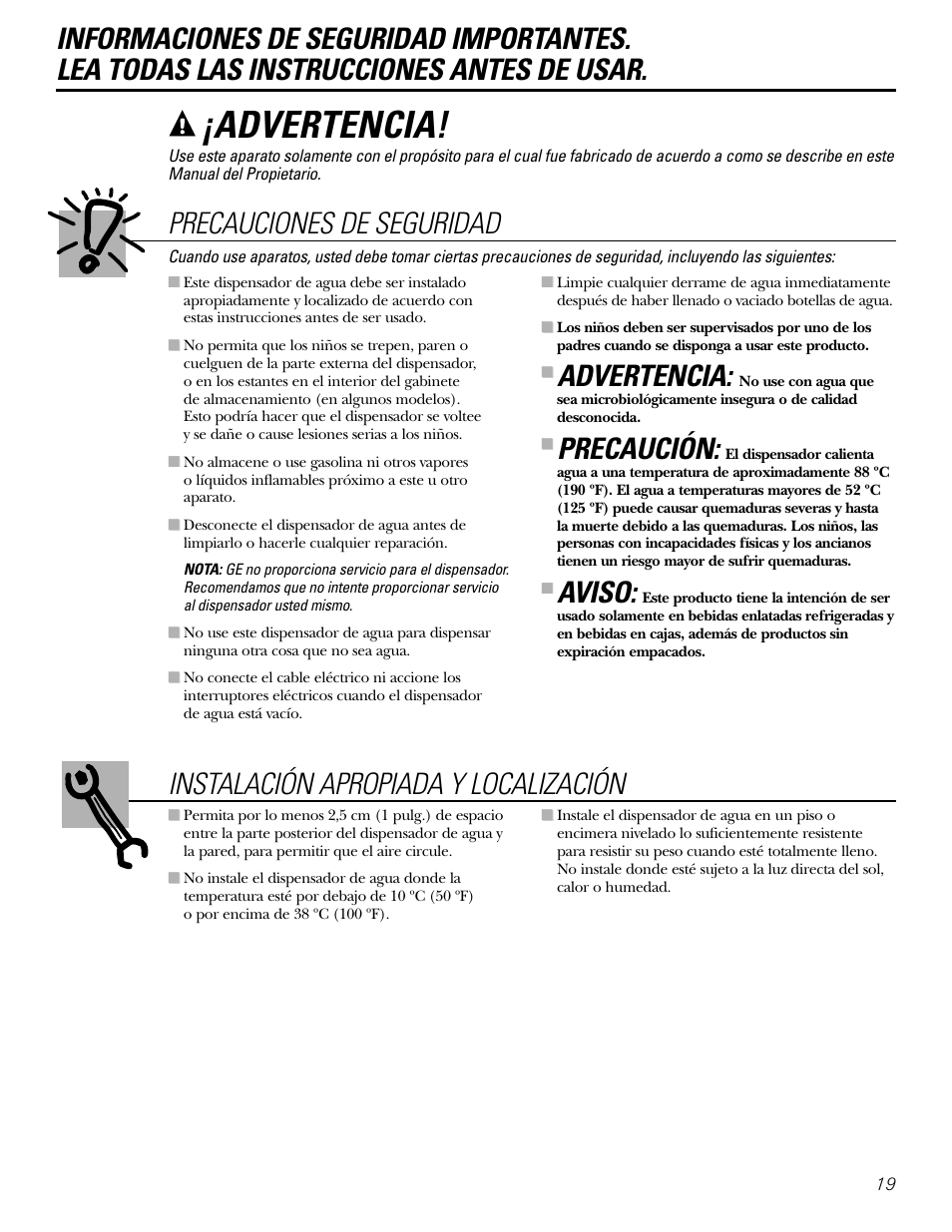 Información de seguridad, Advertencia, Precauciones de seguridad | Precaución, Aviso | GE GXCF20E User Manual | Page 19 / 28