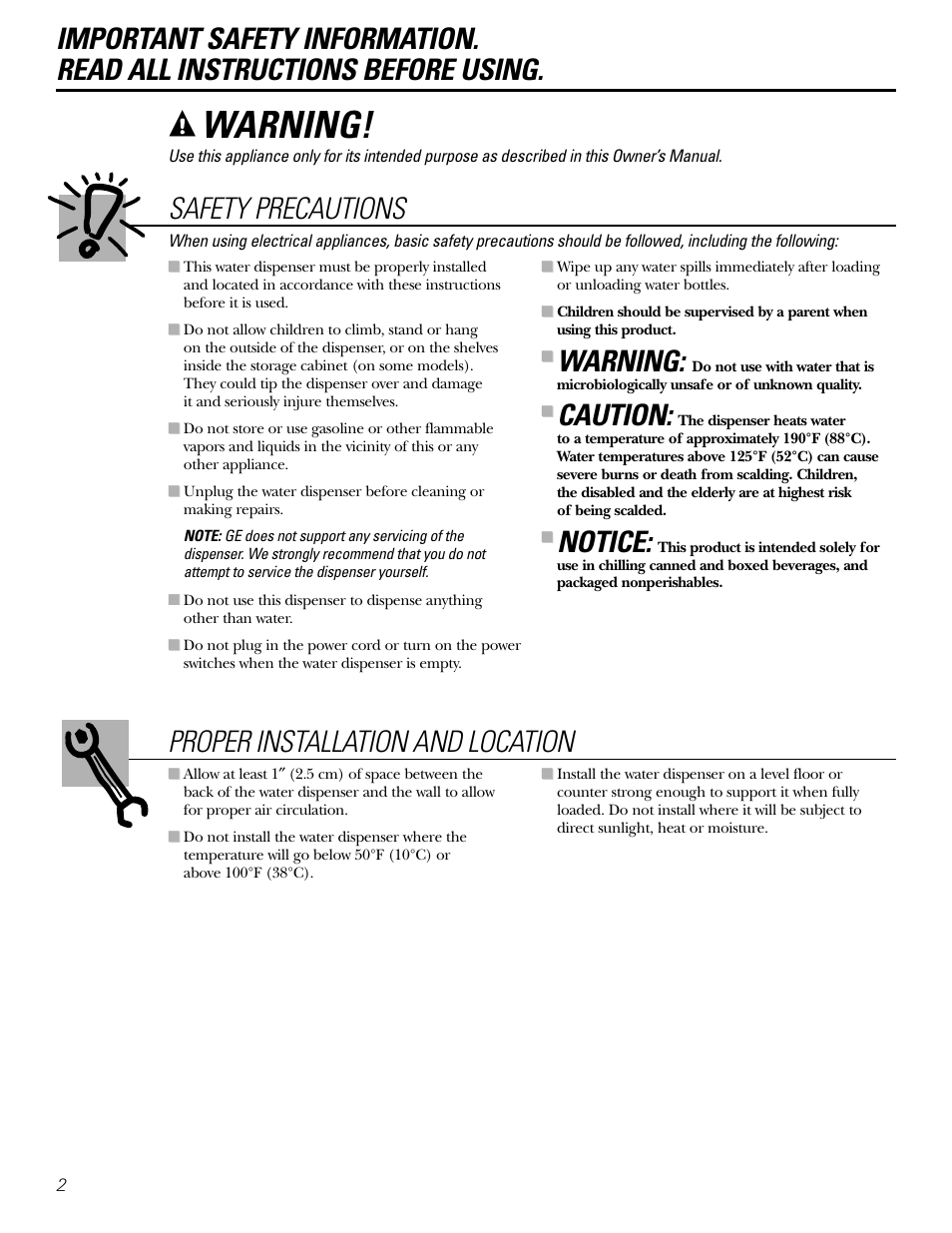 Safety instructions, Warning, Safety precautions | Caution, Notice | GE GXCF20E User Manual | Page 2 / 28