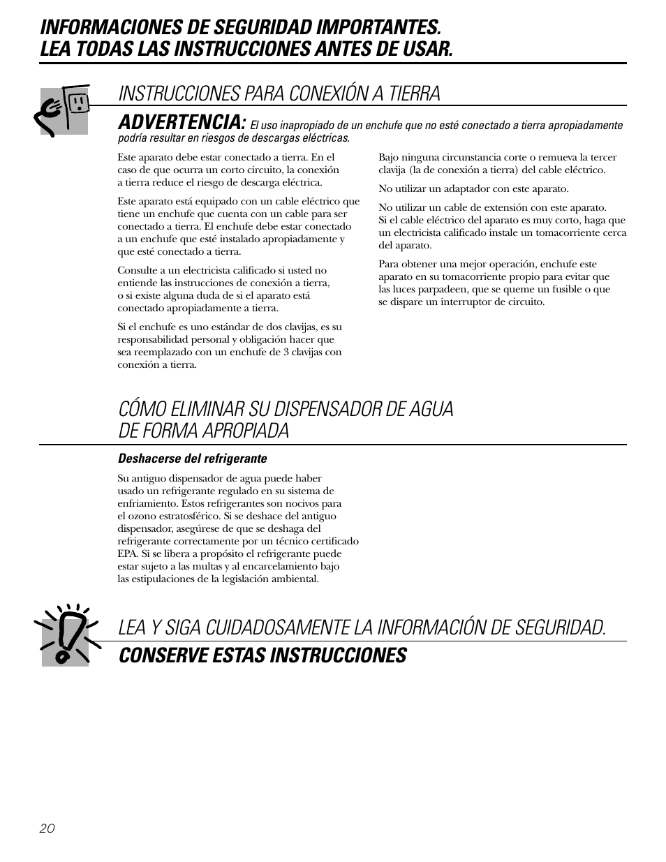 Instrucciones para conexión a tierra, Advertencia | GE GXCF20E User Manual | Page 20 / 28