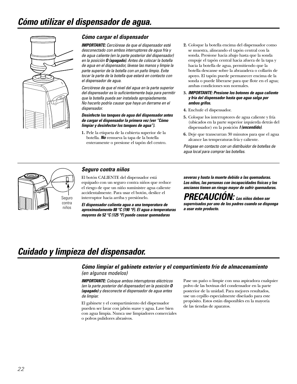 Cómo cargar el dispensador, Seguro contra niños, Cuidado y limpieza | Cómo utilizar el dispensador de agua, Precaución, Cuidado y limpieza del dispensador | GE GXCF20E User Manual | Page 22 / 28