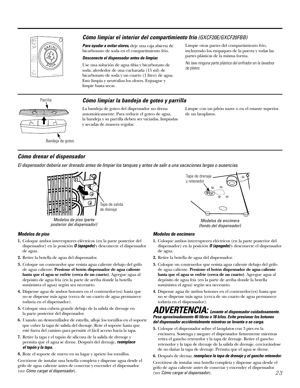 Advertencia | GE GXCF20E User Manual | Page 23 / 28