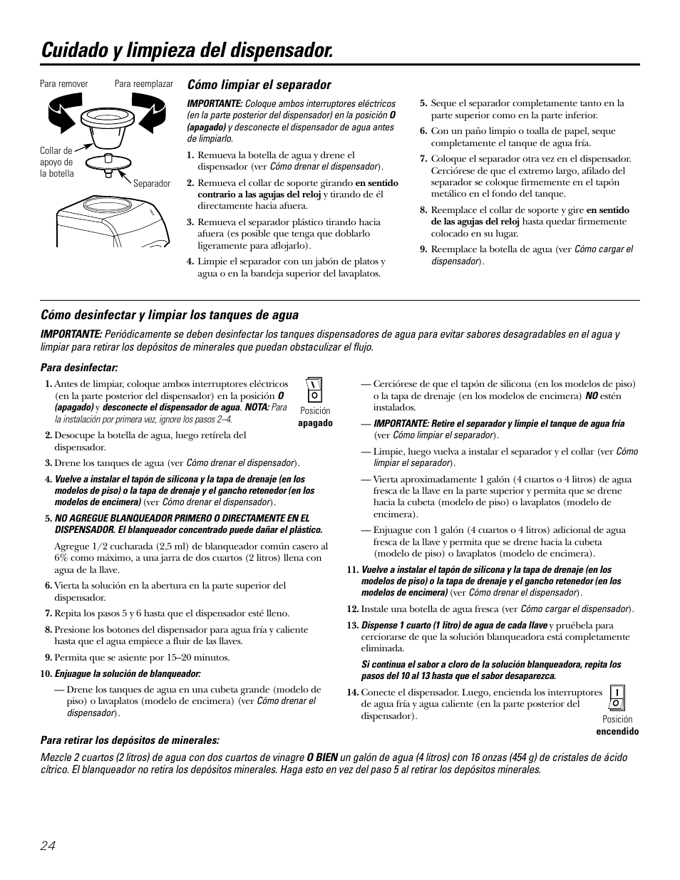 Cuidado y limpieza del dispensador, Cómo limpiar el separador, Cómo desinfectar y limpiar los tanques de agua | GE GXCF20E User Manual | Page 24 / 28