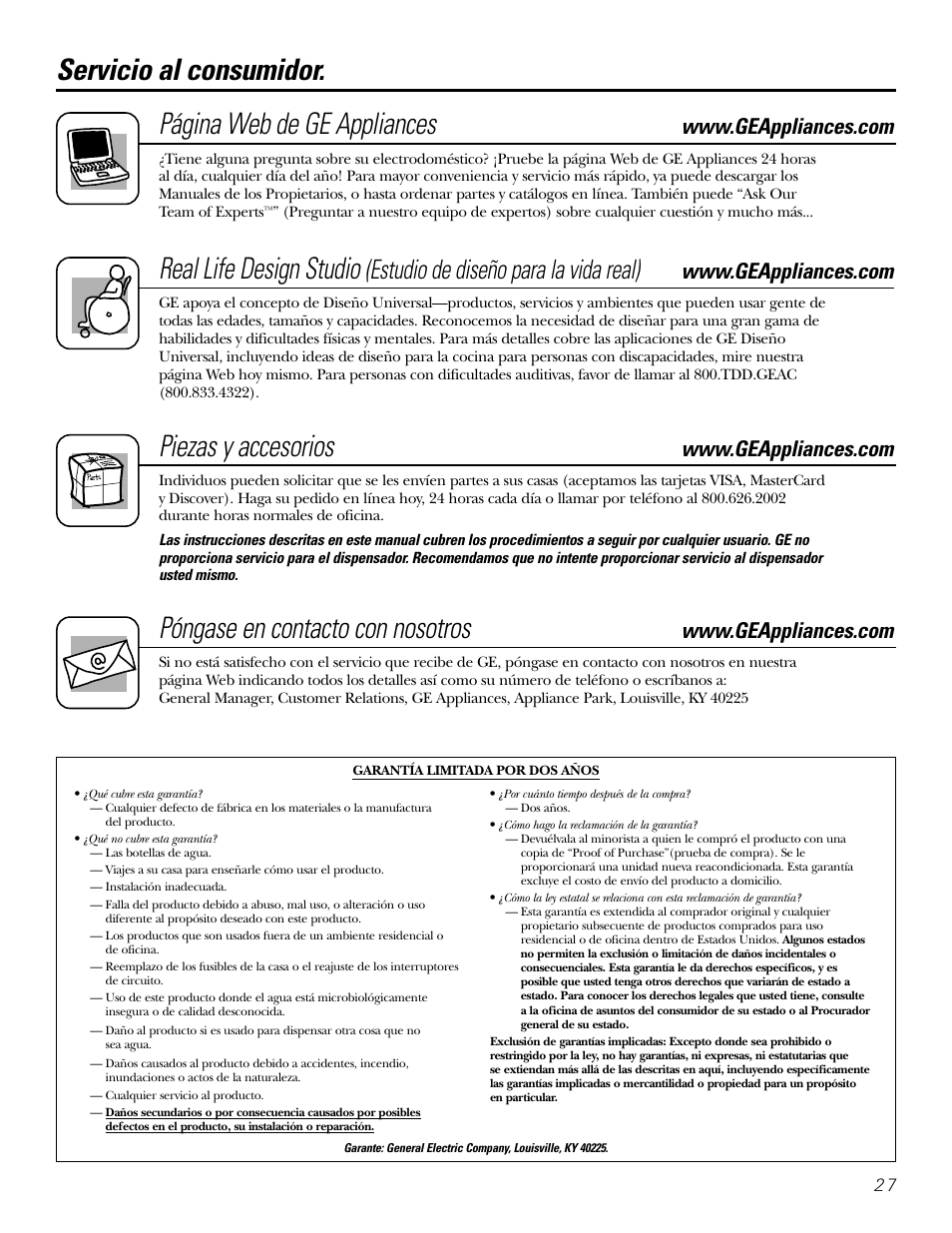 Garantía, Apoyo al consumidor, Garantía apoyo al consumidor | Página web de ge appliances, Real life design studio, Piezas y accesorios, Póngase en contacto con nosotros, Servicio al consumidor, Estudio de diseño para la vida real) | GE GXCF20E User Manual | Page 27 / 28