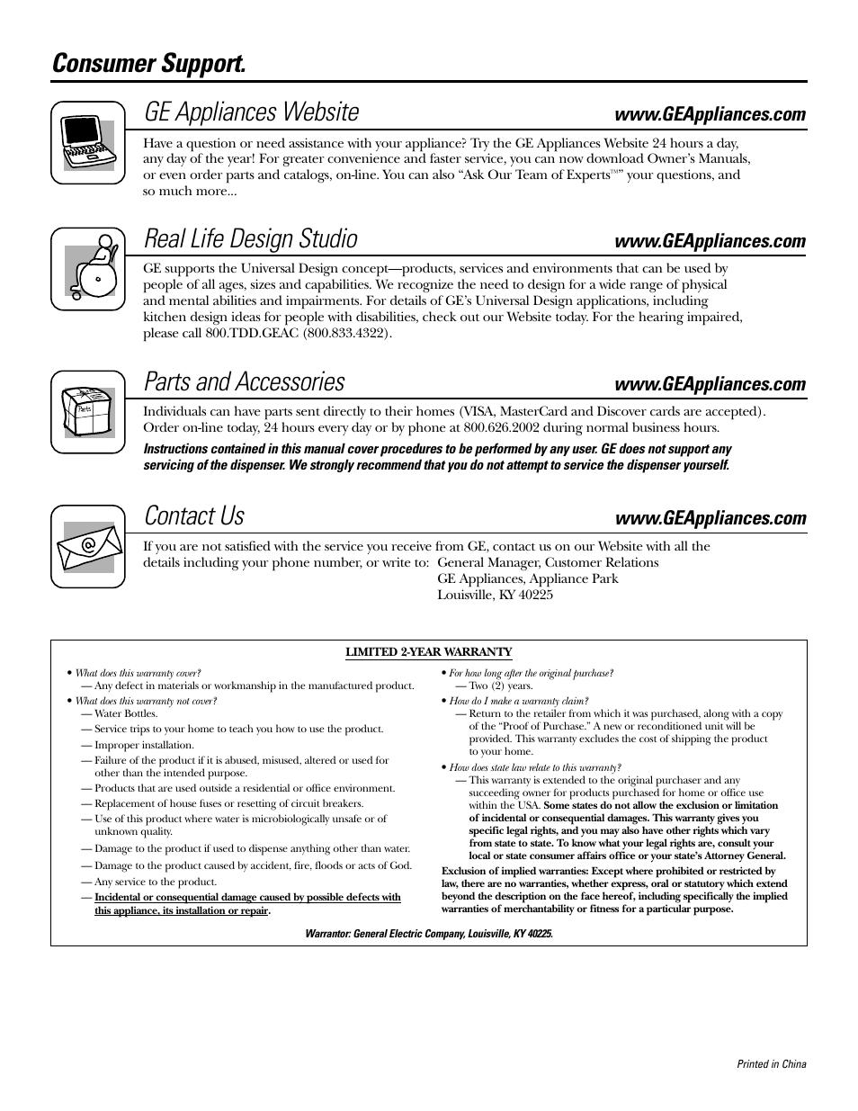 Consumer support, Warranty, Ge appliances website | Real life design studio, Parts and accessories, Contact us | GE GXCF20E User Manual | Page 28 / 28