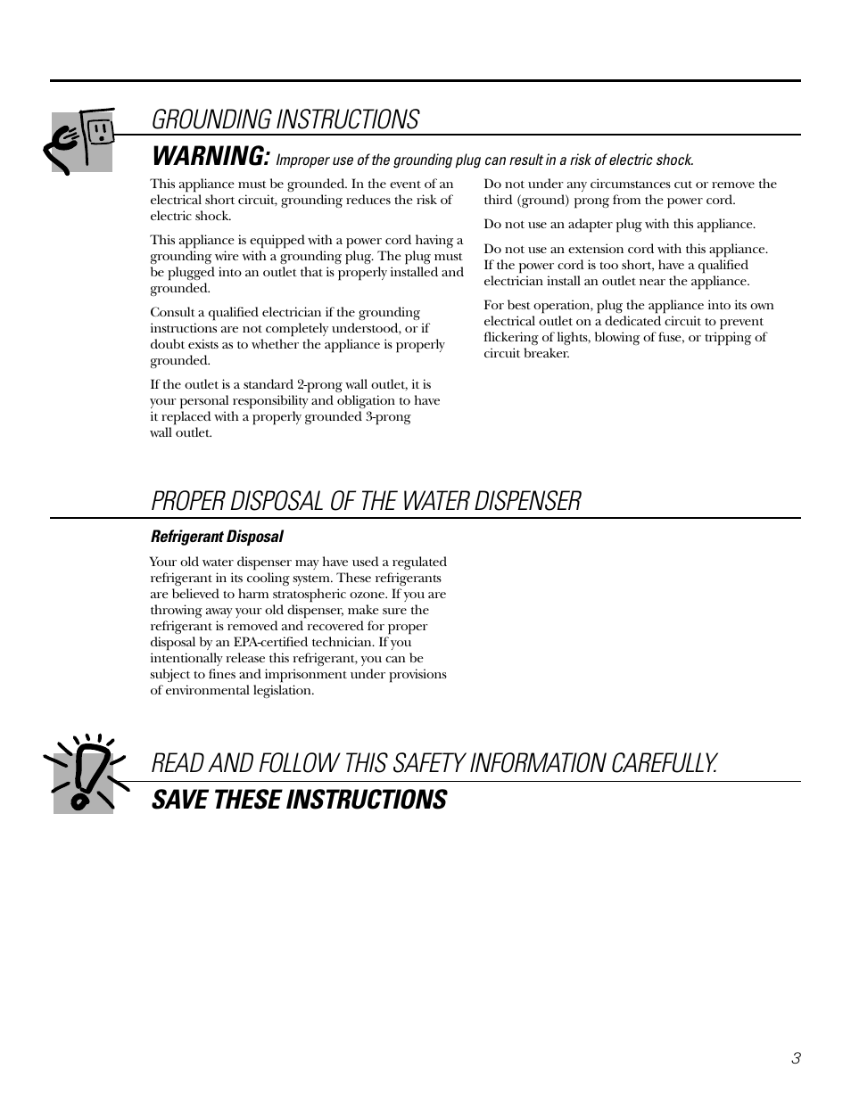 Grounding instructions, Warning, Proper disposal of the water dispenser | GE GXCF20E User Manual | Page 3 / 28