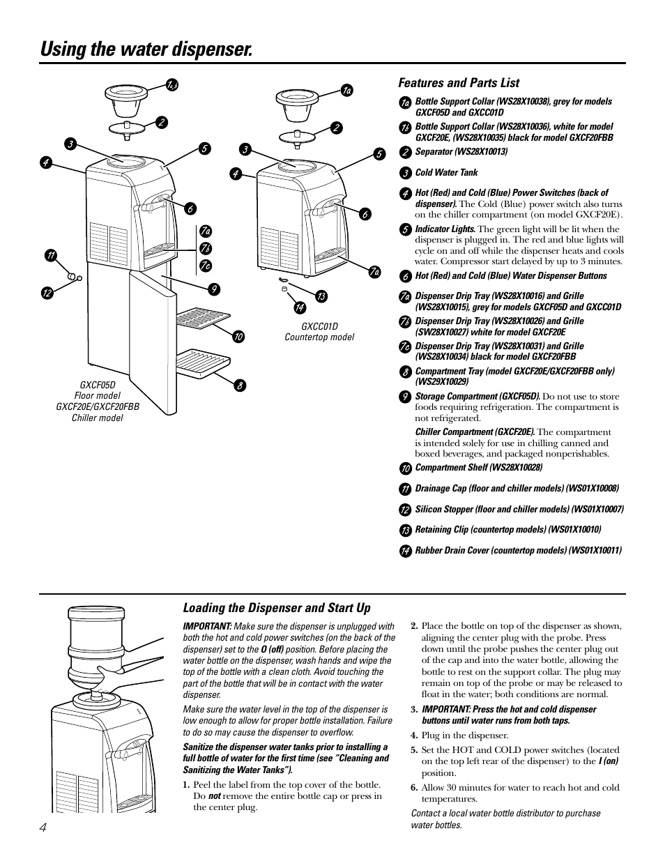 Features and parts list, Loading the dispenser, Features and parts list loading the dispenser | Using the water dispenser | GE GXCF20E User Manual | Page 4 / 28