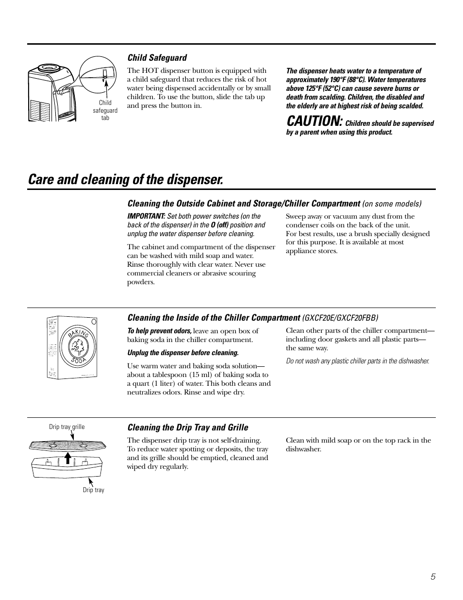 Child safeguard, Cold water and compartment temperature adjustment, Care and cleaning | Caution, Care and cleaning of the dispenser | GE GXCF20E User Manual | Page 5 / 28