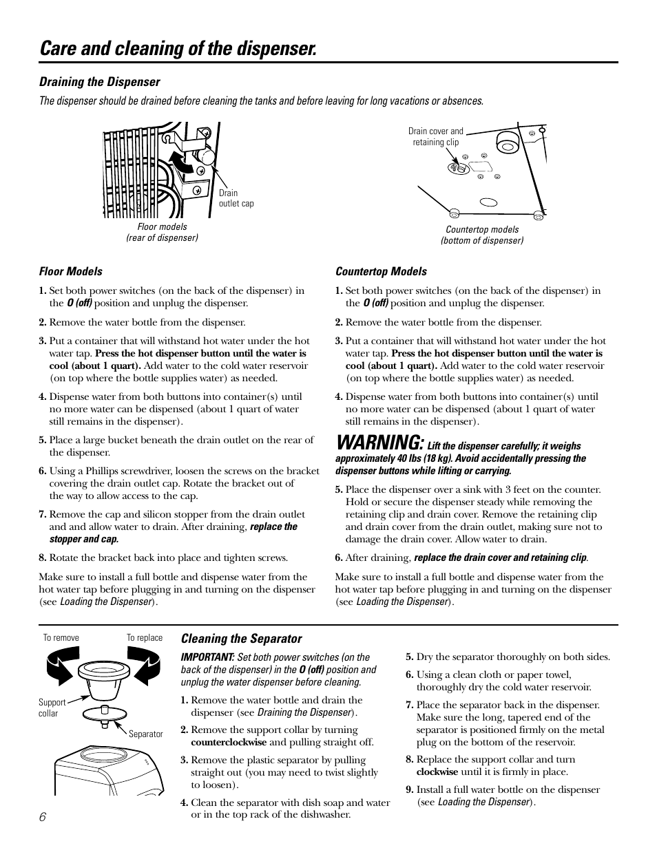 Warning, Care and cleaning of the dispenser | GE GXCF20E User Manual | Page 6 / 28