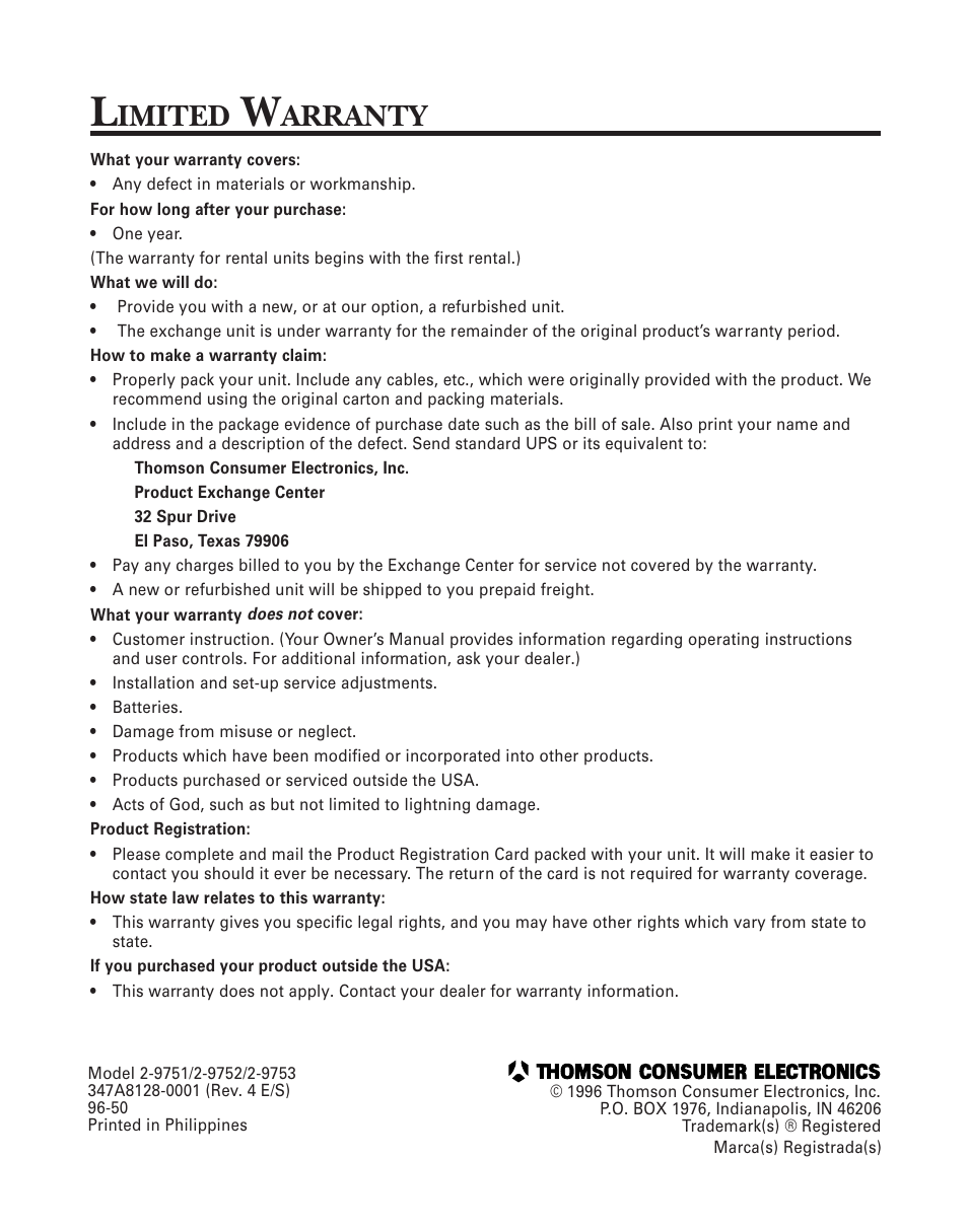 Imited, Arranty | GE 2-9753 User Manual | Page 20 / 20