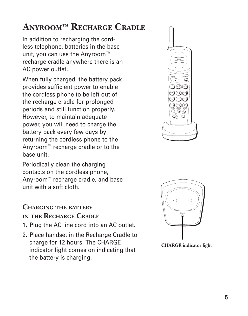 Nyroom, Echarge, Radle | Recharge cradle, and base unit with a soft cloth, Harging, Battery in | GE 2-9753 User Manual | Page 7 / 20