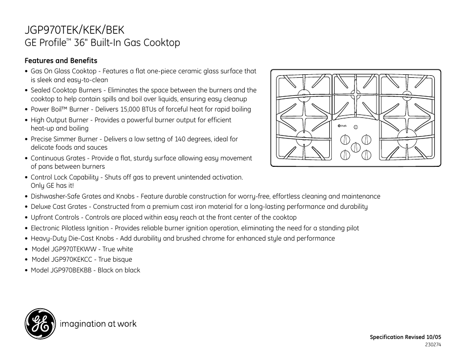Jgp970tek/kek/bek, Ge profile, 36" built-in gas cooktop | GE JGP970BEK User Manual | Page 2 / 2