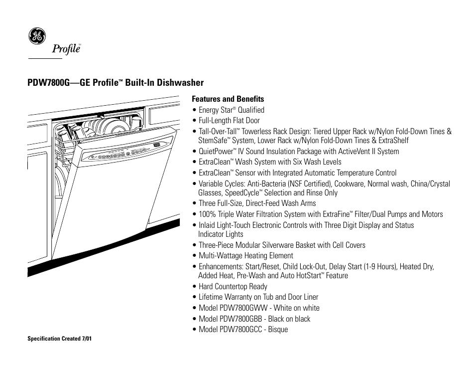 Pdw7800g—ge profile, Built-in dishwasher | GE Profile PDW7800GBB User Manual | Page 2 / 2