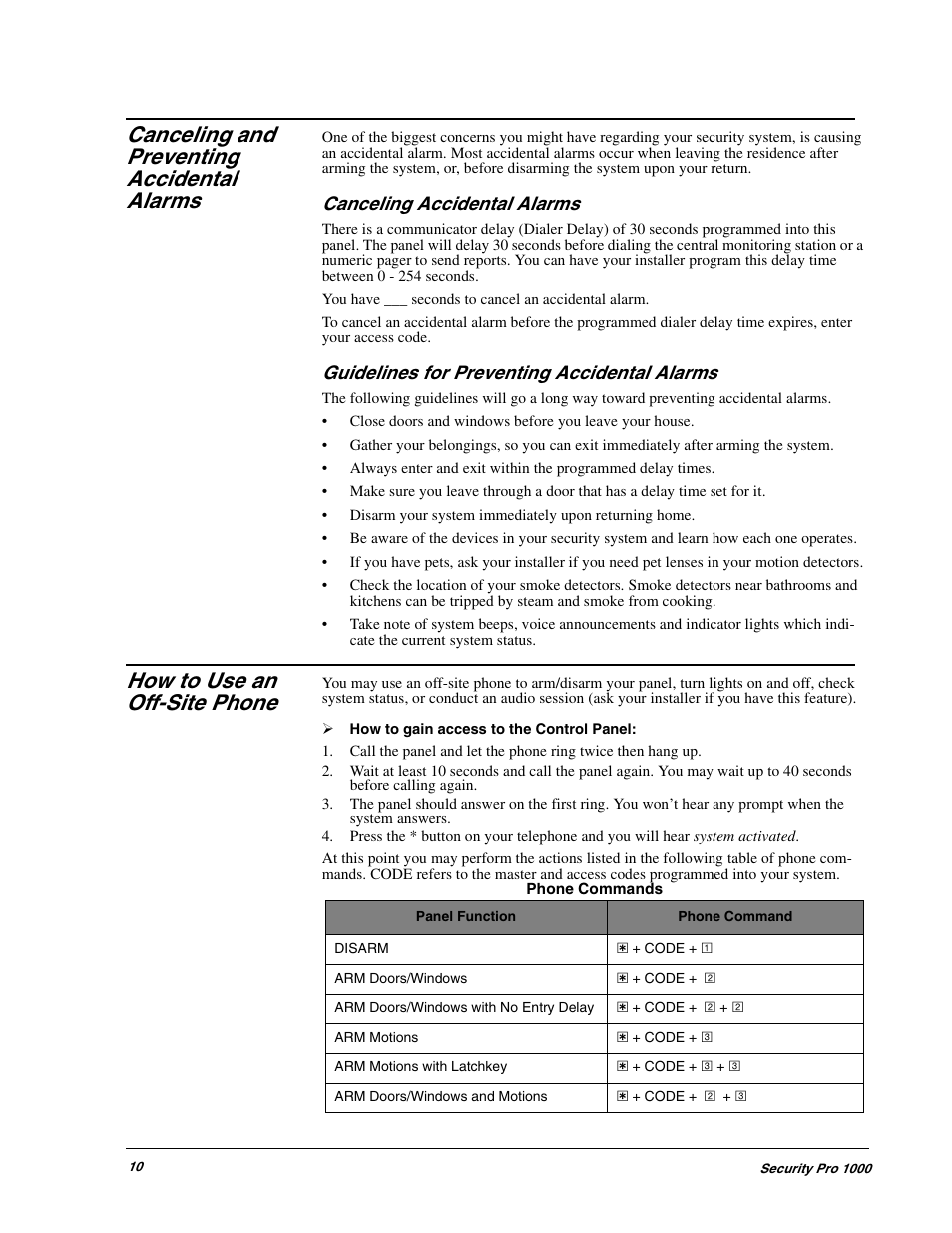 Canceling and preventing accidental alarms, How to use an off-site phone | GE 1000 User Manual | Page 16 / 36