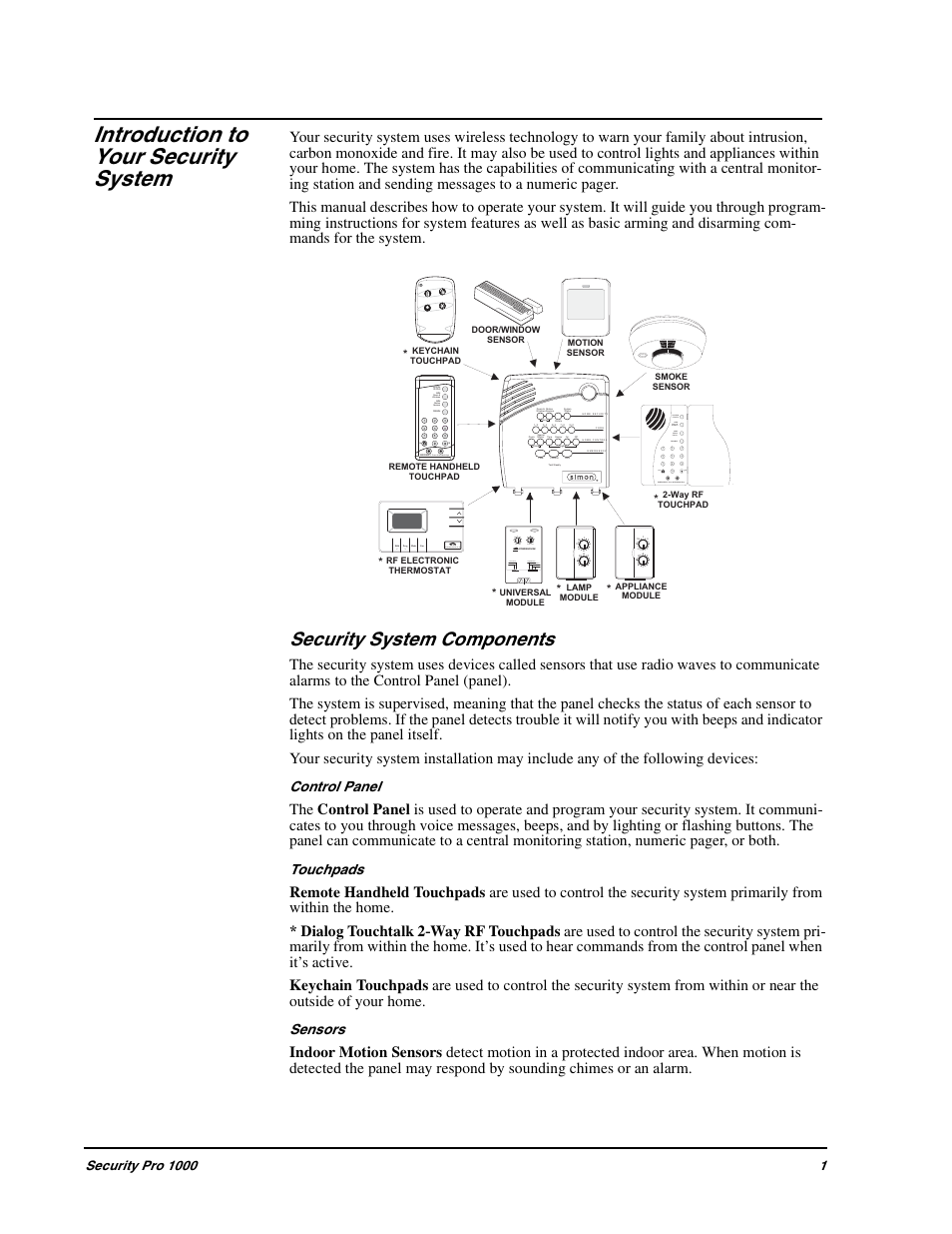 Introduction to your security system, Security system components, Control panel | Touchpads, Sensors | GE 1000 User Manual | Page 7 / 36