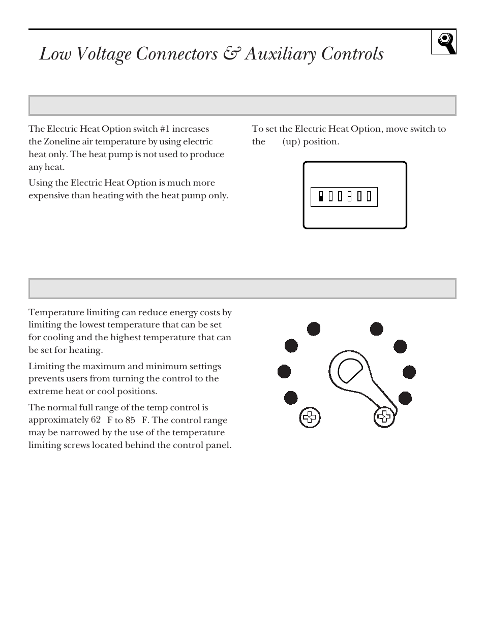 Adjustments and auxiliary controls, Low voltage connectors & auxiliary controls, Electric heat option—model 3200 series only | Temperature limiting | GE ZONELINE 3200 User Manual | Page 17 / 24