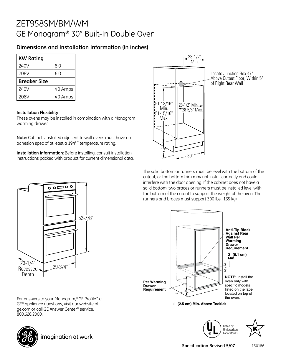 GE ZET958BM User Manual | 2 pages