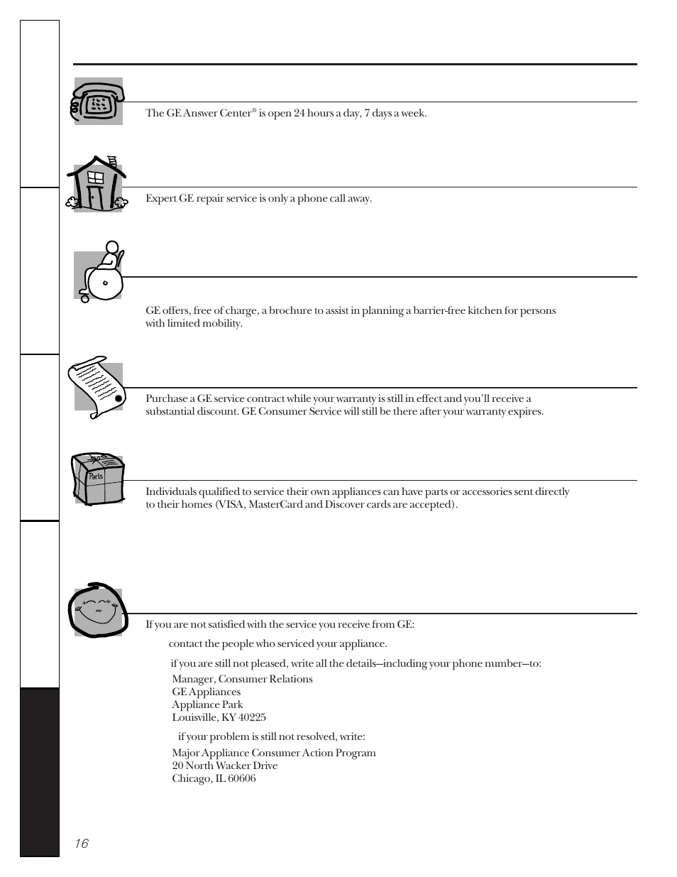 Service telephone numbers, Service telephone numbers. ge answer center, In-home repair service | Special needs service, Service contracts, Parts and accessories, Service satisfaction | GE VBXR2070 User Manual | Page 16 / 16