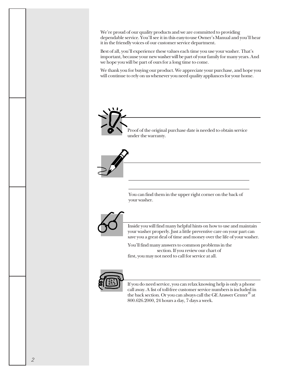 Operating instructions, Troubleshooting tips, Customer service | A service partnership, For your records, Read this manual if you need service, Important | GE VBXR2070 User Manual | Page 2 / 16