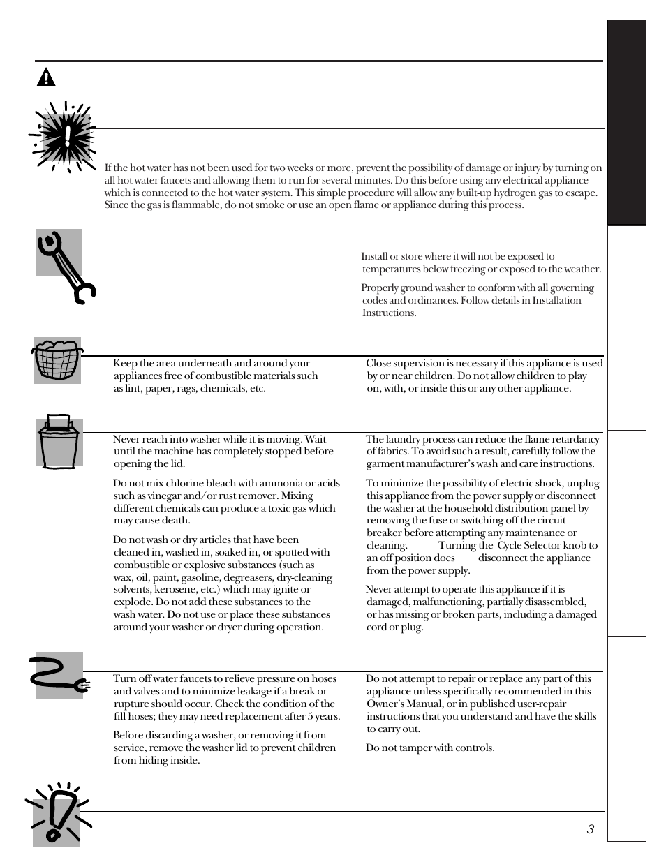 Safety information, Warning, Water heater safety | Proper installation, Your laundry area, When using the washer use | GE VBXR2070 User Manual | Page 3 / 16
