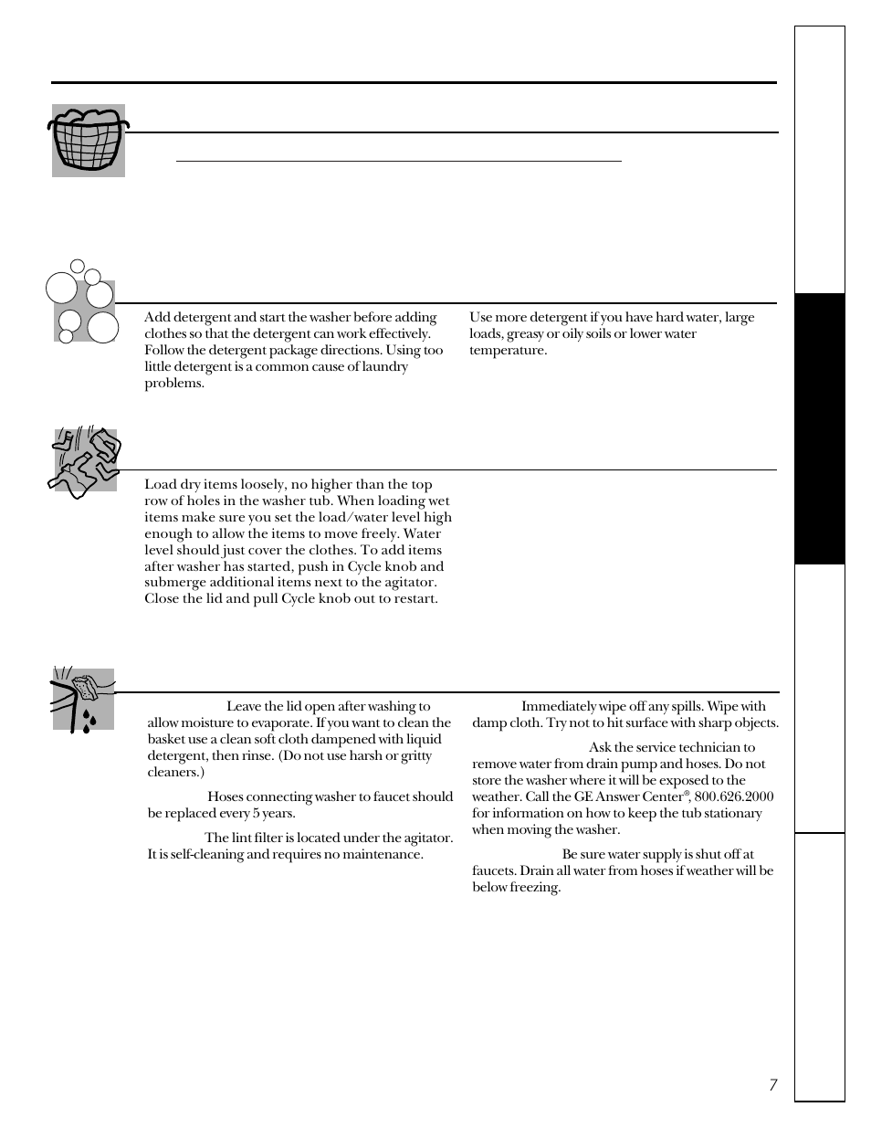 Loading and using the washer, Sorting wash loads proper use of detergent, Care and cleaning of the washer | Loading the washer | GE VBXR2070 User Manual | Page 7 / 16