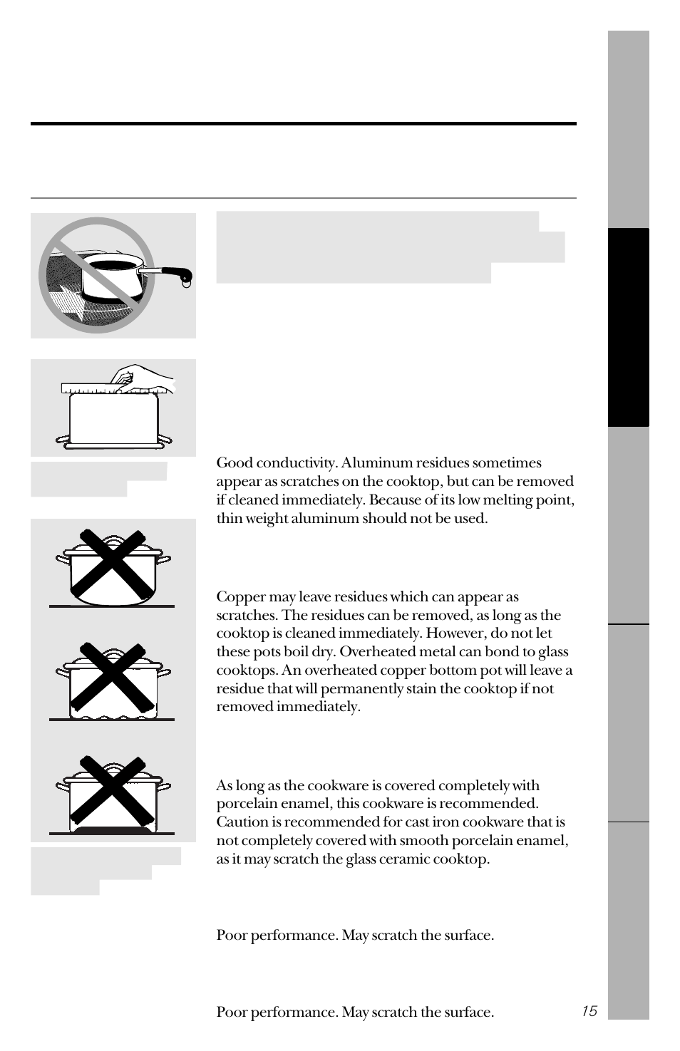 Selecting types of cookware, Aluminum, Copper bottom | Porcelain enamel covered cast iron, Glass-ceramic, Stoneware | GE 49-8827 User Manual | Page 15 / 60