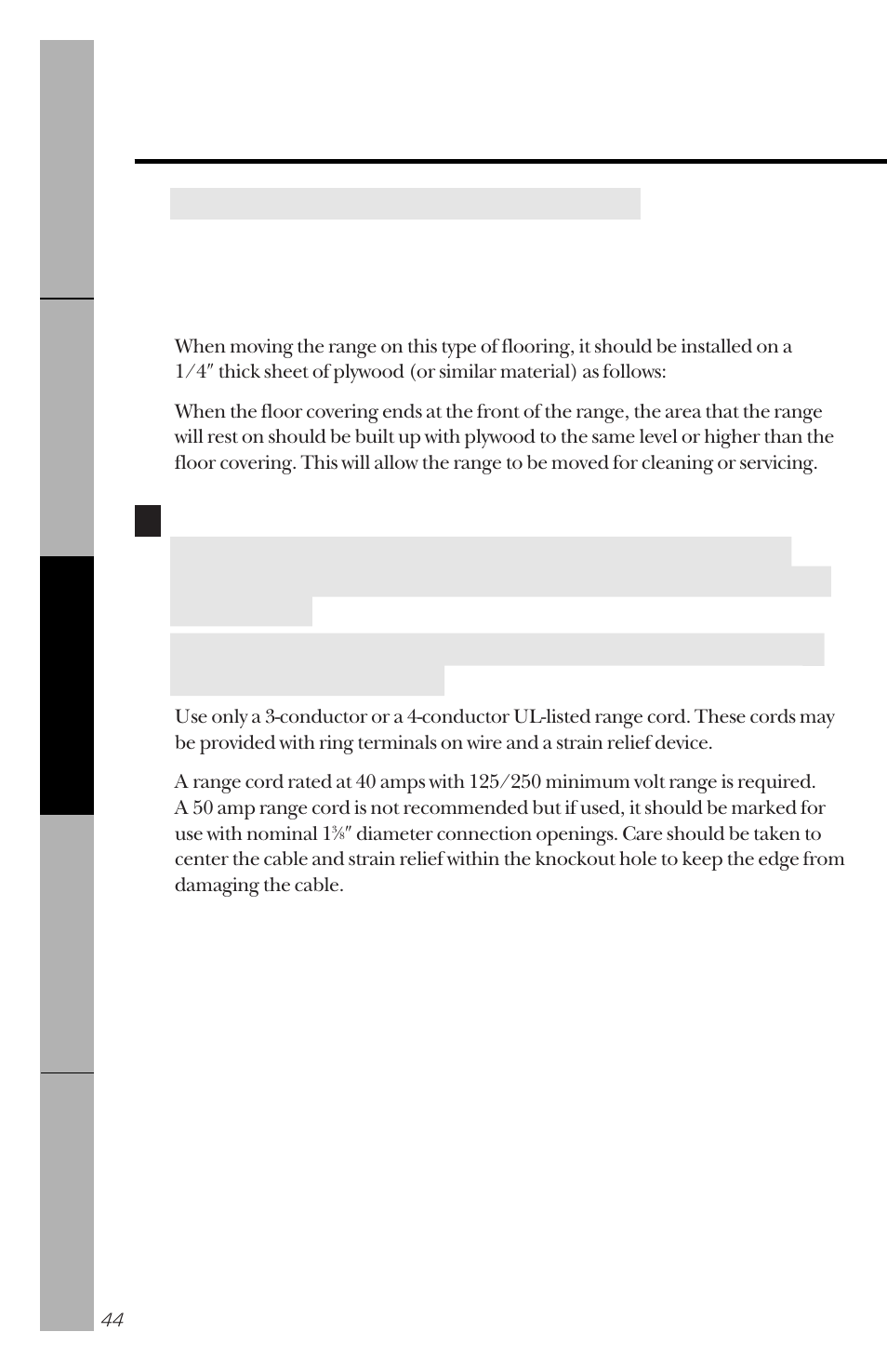 Flooring, Electrical connection, Flooring electrical connection –49 | Installation of the range | GE 49-8827 User Manual | Page 44 / 60