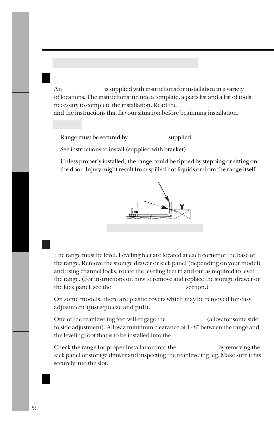 Anti-tip bracket, Leveling, Anti-tip bracket leveling | Installation of the range | GE 49-8827 User Manual | Page 50 / 60