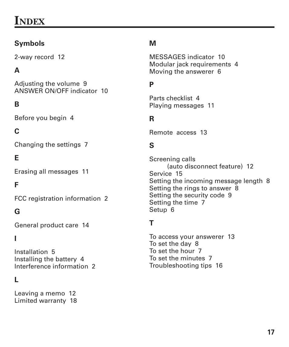 Index, Ndex | GE 2-9868 User Manual | Page 17 / 20